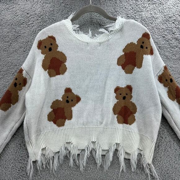 Just Polly NY Small Teddy Bear Knit Sweater Boxy Cut V-Neck Raw Hem Adorable - Picture 12 of 12